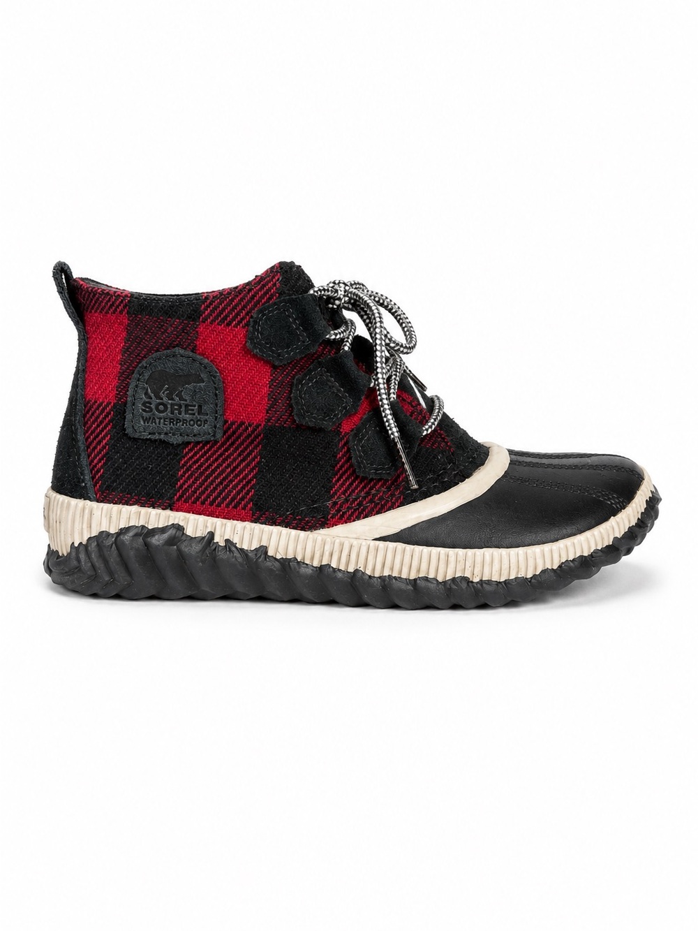 Sorel Out N About Waterproof Duck Boots Red Black Buffalo Plaid Size 8